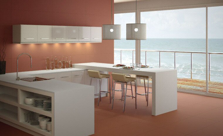 Cuisine - Plan de travail en îlot de cuisine moderne, clair, en céramique - 